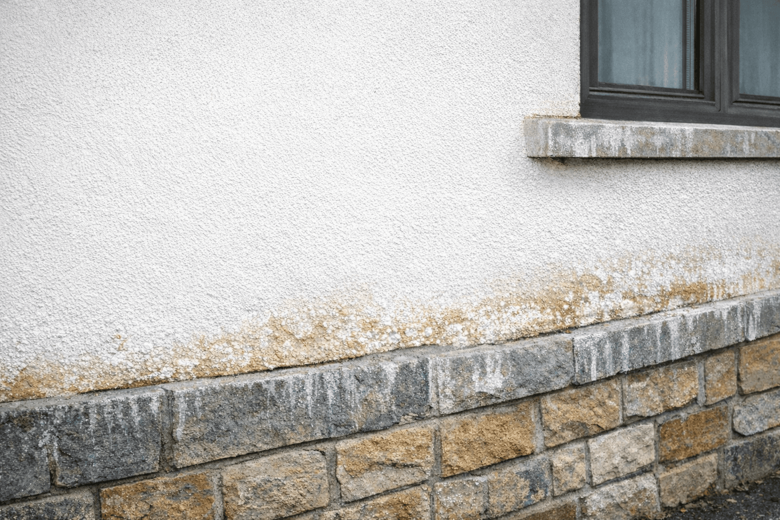 Fassaden- und Sockelbereich mit Stein und Putz – Kontext zu Kalk und Ablagerungen