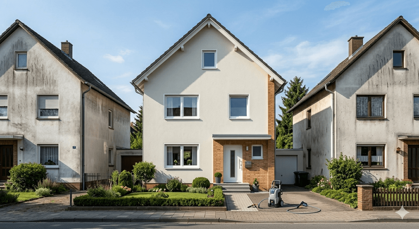 Straßenzug mit Häusern: frisch gereinigte Fassade in der Mitte, Hochdruckreiniger im Vordergrund