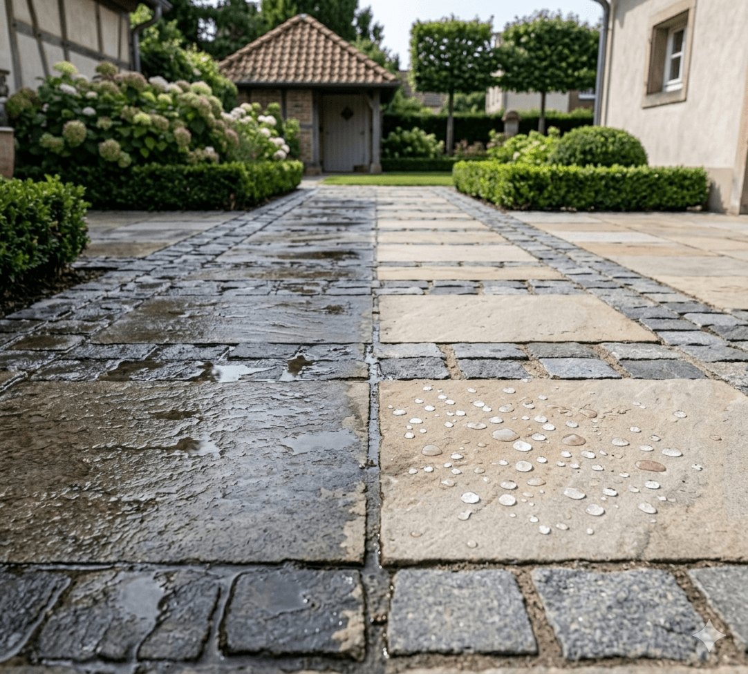 Geschützte, gepflegte Stein- und Pflasterfläche